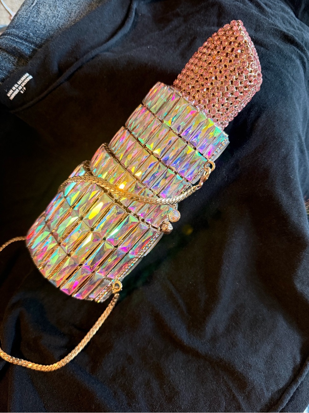 Iridescent Pink Crystal Lipstick Clutch with Gold Chain